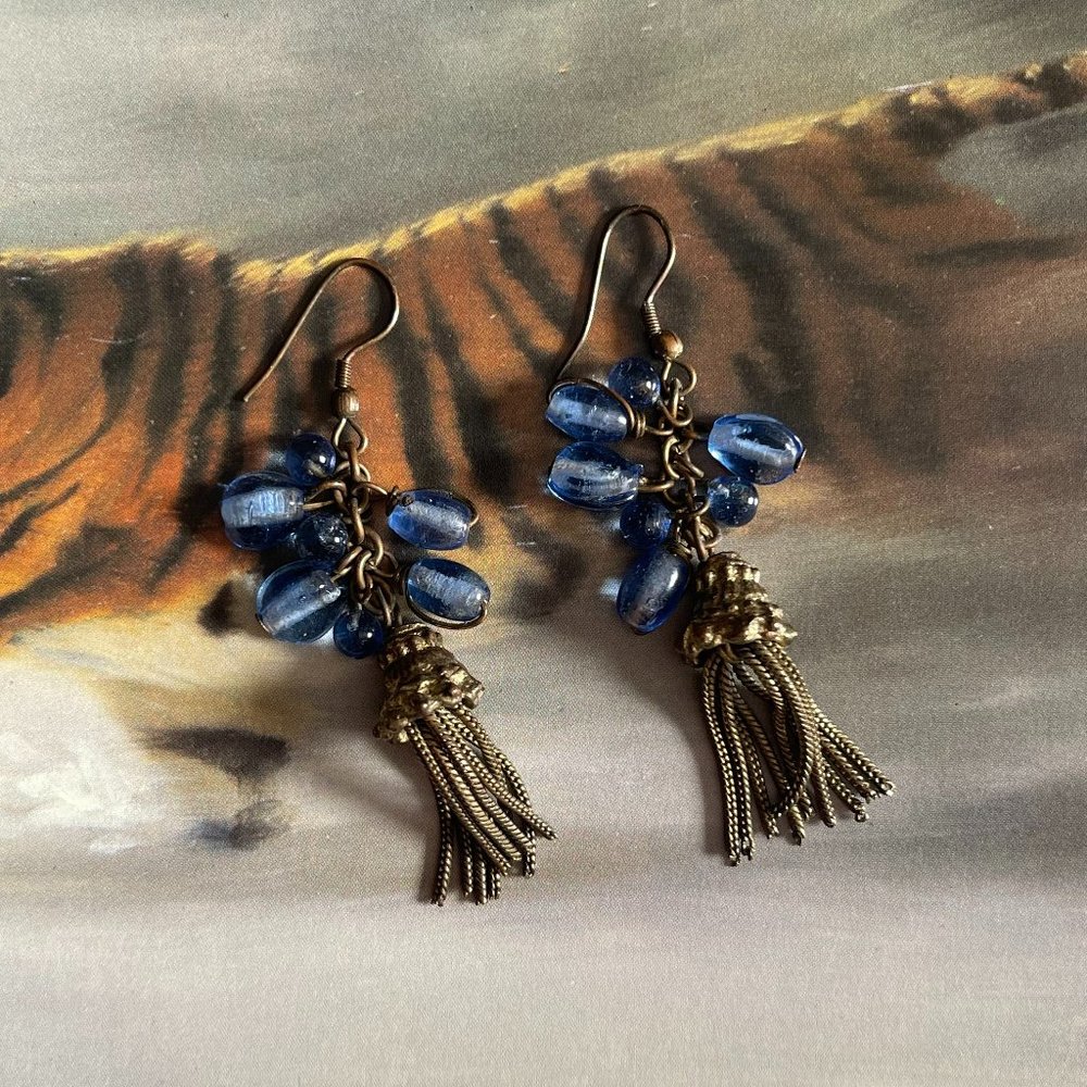 Vintage Blue Stone Antique Brass Chandelier Dangle Earrings